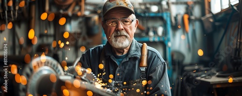 Environmental portrait of a metal worker, surrounded by tools and metal scraps, focusing on the art of metal grinding