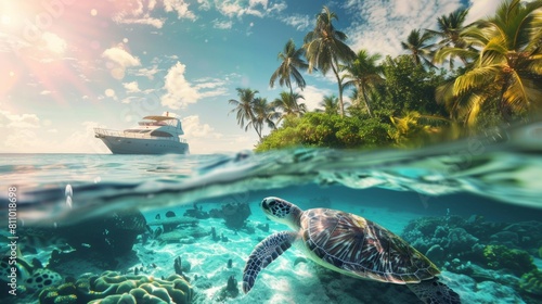 Beautiful sea turtle underwater with tropical palm tree island and yacht in sea.