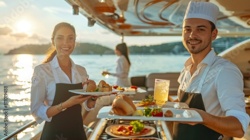 Friendly service personnel on deck of a luxury yacht in sea.