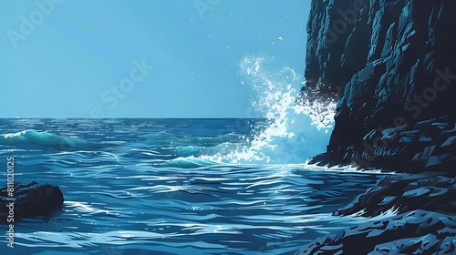 Tranquil blue ocean waves crashing against rocky cliffs, serene and majestic.