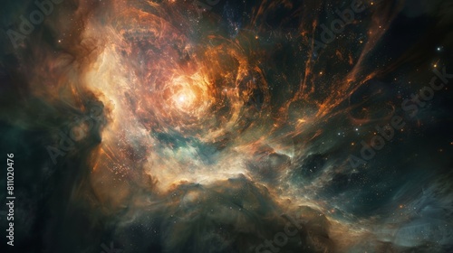 A vivid nebula radiates with intense colors and dynamic swirls, showcasing the beauty of the cosmos.