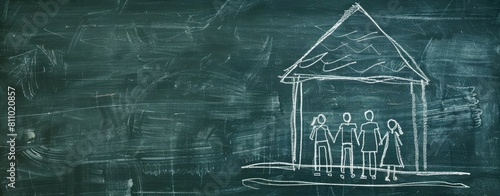 hand drawing of family under roof on blackboard background with copy space for text, concept family and home protection real estate business stock photo contest winner, high resolution