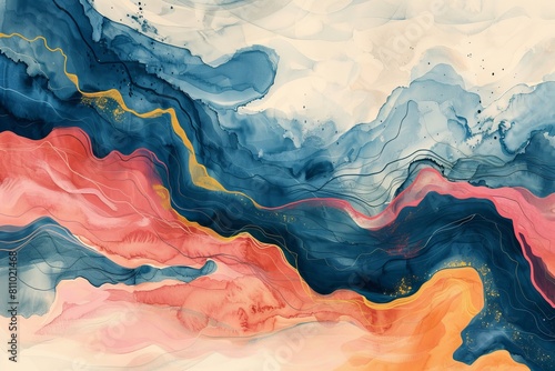Geological abstract in neon blue, mustard, powder pink, and brandy hues. Calming desktop wallpaper with fluid rhythms and negative space, evoking peace and flow.