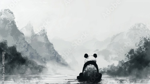 Back view of a lonely panda sitting with foggy mountains