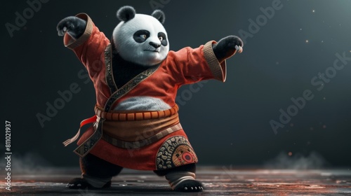 3D cartoon character of a panda doing kung-fu with dark background.