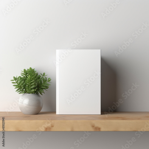 Blank Book Mockup With Potted Plant On Wooden Shelf. Empty White Book Cover Template With For Presentation. Generative AI