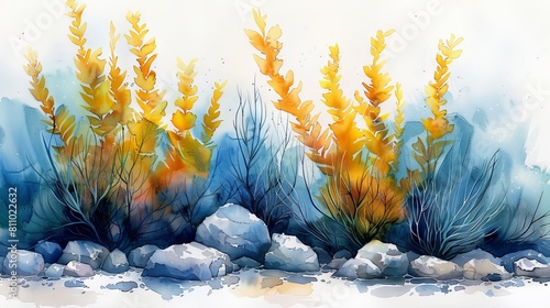 Watercolor illustration of an artemisia. An underwater element design in watercolor. An artistic modern marine design element suitable for greeting cards, printings, and other design applications.