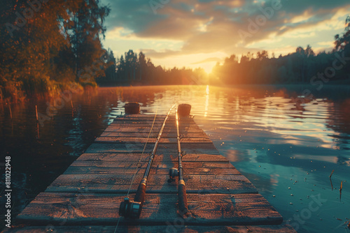 A father and daughter's fishing rods leaning against a wooden dock at sunrise.