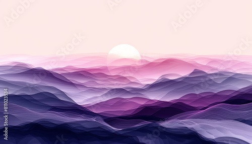 Abstract landscape in shades of purple, lilac, petunia, and aubergine. Calming rhythms and negative space create a serene desktop wallpaper.