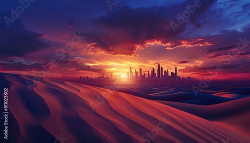 Mirage of a distant cityscape seen across a shimmering desert at twilight, with the vibrant colors of the setting sun casting long shadows and illuminating a cascade of sand dunes,