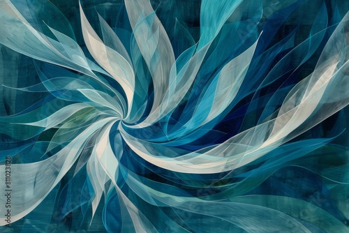 Abstract celestial dance of teal, aquamarine, cerulean, and navy with pure white accents, evoking calm rhythms and balance.