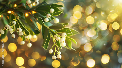 Beautiful greeting card with mistletoe plant. Happy Ne