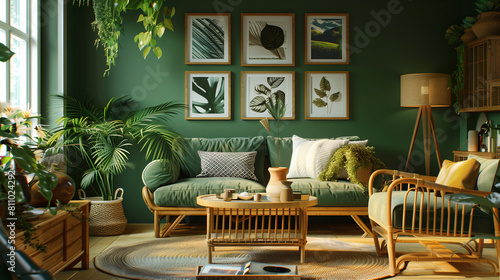 Rustic Charm: Home Interior Featuring Rattan Furniture and Dark Green Accents - Ideal for Cozy and Stylish Living Spaces