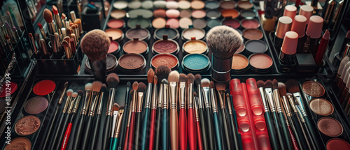 Vibrant flat lay of makeup artist's essentials: brushes, foundations, and blushes.
