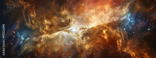 A vibrant nebula with interstellar clouds of gas and dust glows amidst the darkness of outer space.