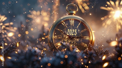 New Year's Eve celebration background with a golden clock face showing midnight, the text "2025" in the center, fireworks lighting up the sky above. 