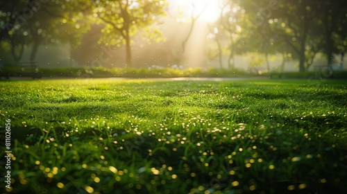 A serene summer park at sunrise, with the first rays of sun casting a soft golden glow on lush green grass covered in dew drops.