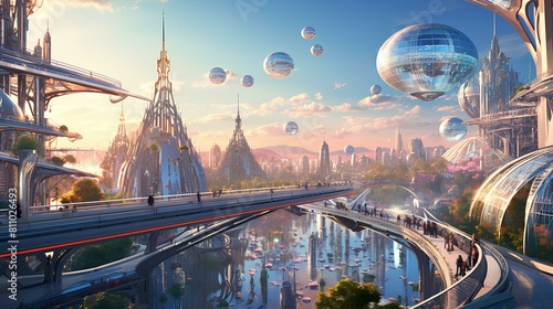 The city of the future with flying cars and airships.