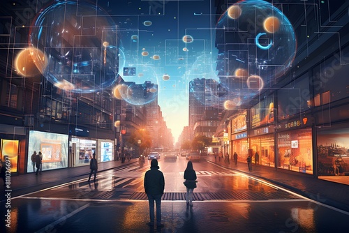 The picture shows a futuristic city street with people walking on it. There are many glowing orbs floating in the air.