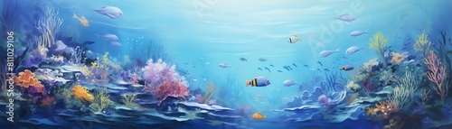 An enchanting seascape painting, depicting a vibrant coral reef teeming with diverse marine life