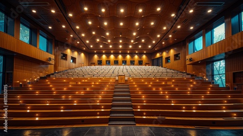 vintage university interior with rows of seats, podium, and an empty auditorium symbolizing higher education and academic concepts