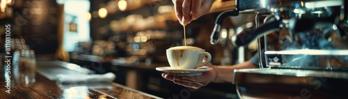 A detailed shot of a barista crafting a perfect cappuccino in a chic cafe, ideal for beverage advertisements with ample copy space