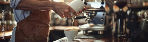 A detailed shot of a barista crafting a perfect cappuccino in a chic cafe, ideal for beverage advertisements with ample copy space