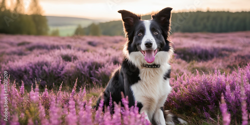 A happy Border Collie dog with a black and white coat and a collar with a tag, sitting amidst a field of blooming purple heather flowers