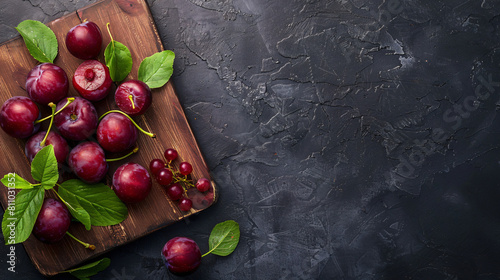 Board with tasty sweet plums on dark background