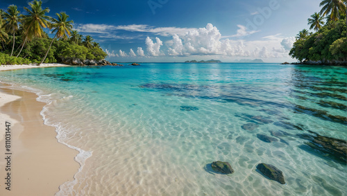 Spiaggia con sabbia bianca di un'isola di un atollo tropicale in mezzo all'oceano una foresta di palme rigogliose