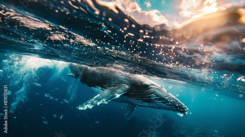 The view from underwater of whales and marine life swimming in an ocean is split into two parts