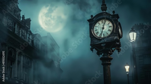 An antique clock, stopped at the moment of disaster, watches over an empty town square, bathed in the ghostly white light of an indifferent moon