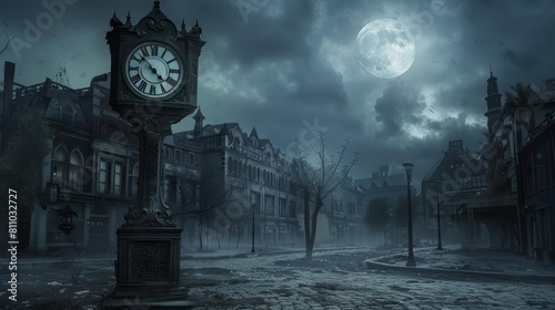 An antique clock, stopped at the moment of disaster, watches over an empty town square, bathed in the ghostly white light of an indifferent moon