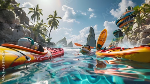 Three Colorful Kayaks Floating on Crystal-Clear Water in Tropical Location