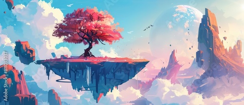 An illustration of landscape fantasy set in a floating island archipelago, designed with solid color to emphasize surreal beauty, illustration template