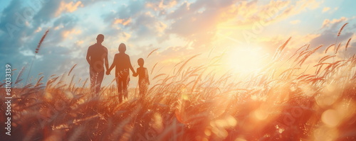 Family of mother, father and little child silhouettes on wheat field at sunset light. Immigrants escaped from war fears to live safe and happily.