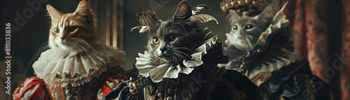 Creating a surreal scenario where cats host a fashion show, flaunting elaborate Elizabethan costumes