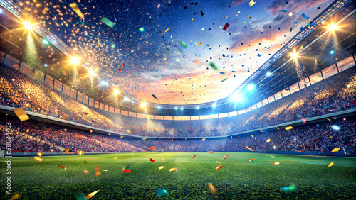 Football stadium background with flying confetti