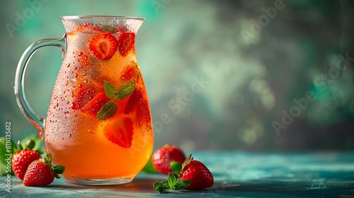 Strawberry infused water in a pitcher.