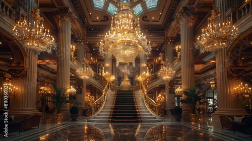 luxurious lobby featuring grand chandelier hanging from high ceiling, showcasing opulent interior design