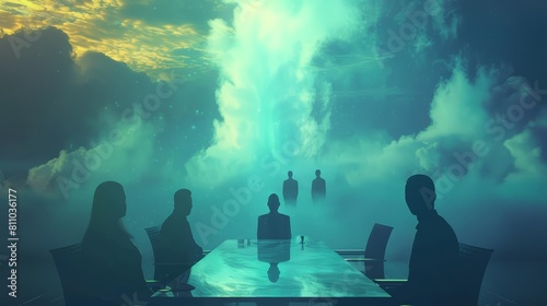 Imagine a surreal meeting room where holographic projections of venture capitalists float above an ethereal