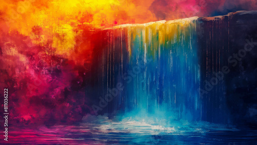 Abstract painting of a colorful waterfall with vibrant red, yellow, and blue cascades. High-resolution digital art. Nature and imagination concept.