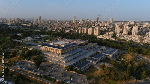 Israel knesset parliament close to sunset, aerial Drone view from the capital of israel, Jerusalem, 2022, Israel 
