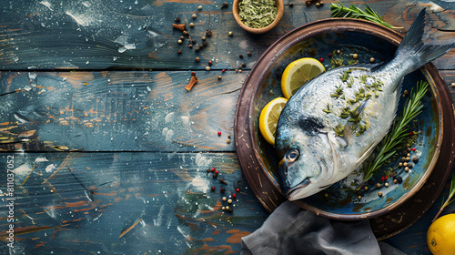 Bowl with raw dorado fish spices and lemon on wooden 