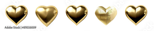 Set of gold heart shaped icons in different sizes on transparent Background