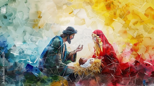 Christmas religious nativity scene, Holy family abstract watercolor illustration Mary Joseph and Jesus in the starry night