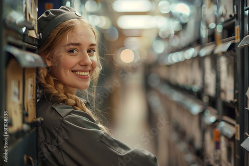 Young smiling blonde woman in uniform working in a storage room