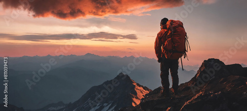 夕陽のパノラマ背景 山頂で景色を眺める登山家