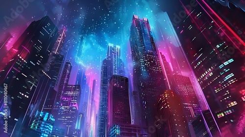 A futuristic cityscape rendered in bold, neon colors against a dark, starry sky. 