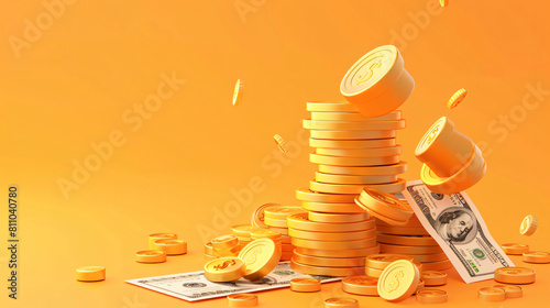 Bundle money and coin stacks. 3d realistic cartoon gol
